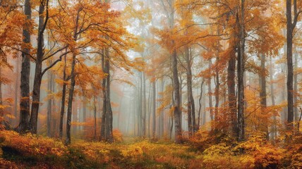 Fototapeta premium Autumn forest pathway with vibrant foliage. AI image