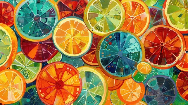 Colorful citrus fruit slices arranged in an abstract and vibrant pattern
