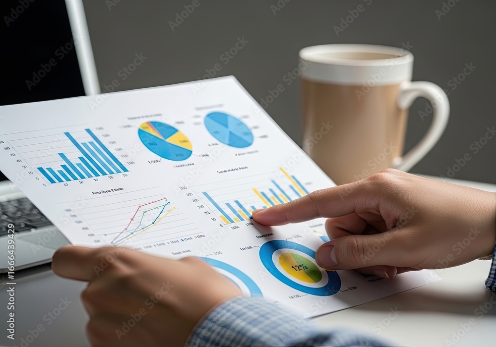 Poster close up of hands analyzing financial reports with charts and graphs on a desk with a laptop and cof