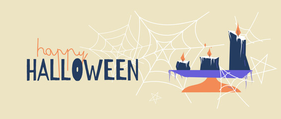 Fototapeta premium Halloween banner with burning candles on stand, spider webs and festive lettering. Flat vector illustration perfect for holiday design and seasonal decoration