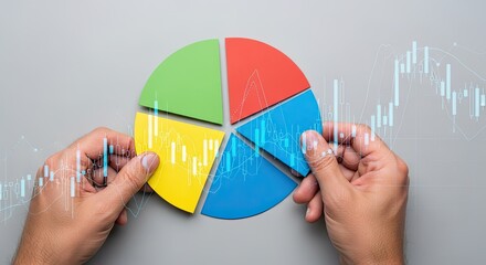 Ai generated image of hands holding a pie chart with financial data overlay, representing market share and business analysis for investment decisions