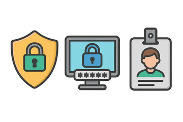 Security icon set for cybersecurity and data protection. Vector illustration of shield, password login on computer, and ID badge for access control and identification.