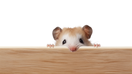 Happy hamster peeking around playful pet isolated on white background

