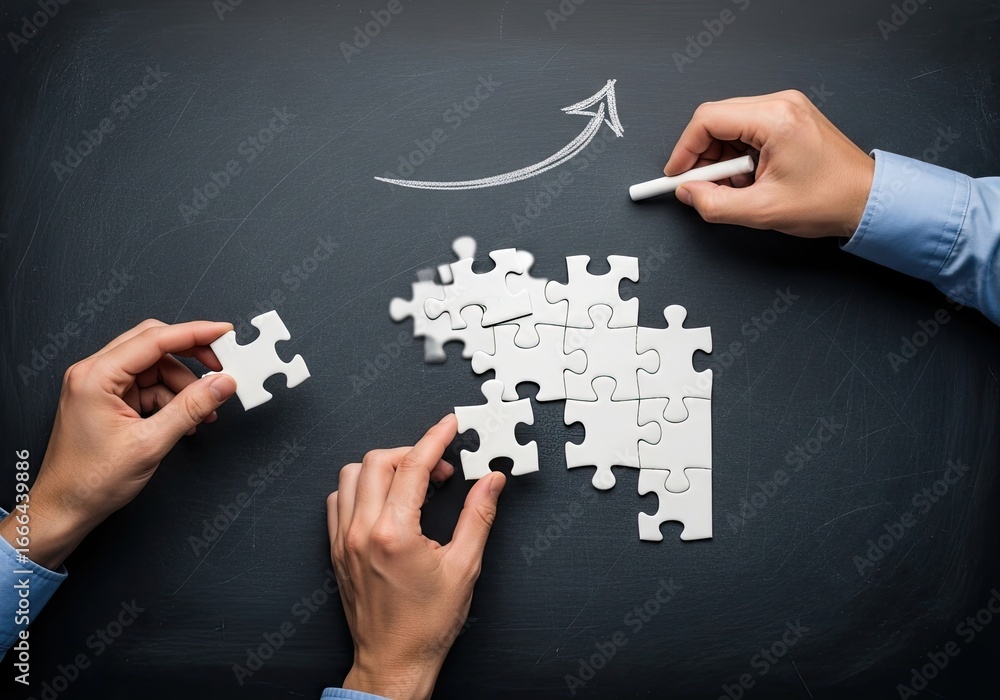 Aufkleber hands assembling a complex jigsaw puzzle on a dark surface with a growth arrow drawn in chalk