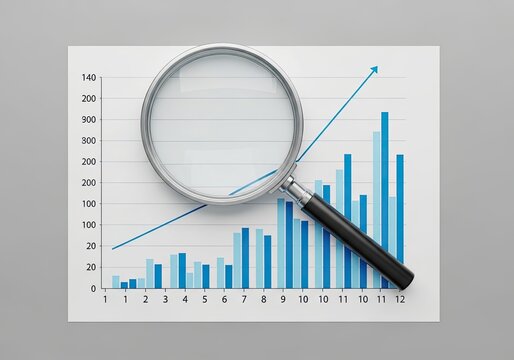 Magnifying glass examining a financial bar chart with an upward trending line graph on paper