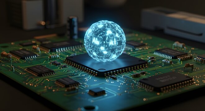 A glowing blue orb of digital energy levitates above a central processor on a circuit board. - Powered by Adobe