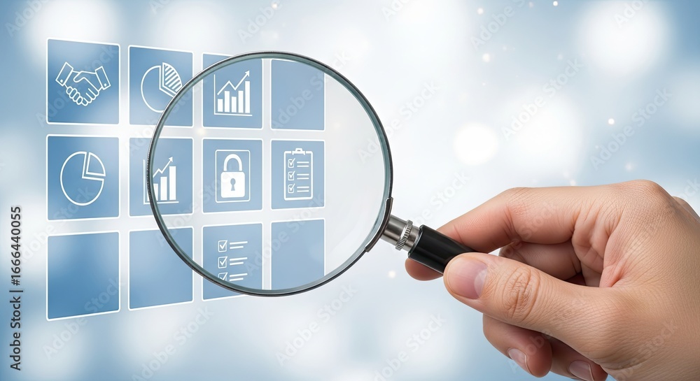 Poster hand holding magnifying glass examining digital icons representing data analysis security and techno