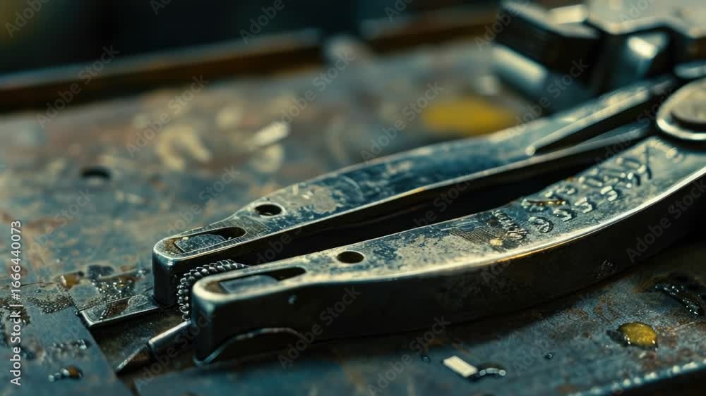 Poster a pair of scissors resting on a table, possibly waiting for use