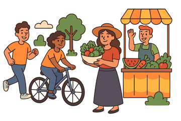 Healthy lifestyle concept with people at farmers market. Man running, woman cycling. Outdoor activity and nutritious food. Vendor selling fresh organic vegetables. Vector illustration.
