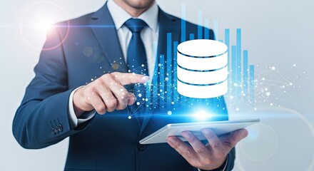 Businessman interacting with a holographic database cloud storage and data management technology interface