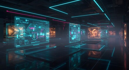 Futuristic holographic displays showcasing complex data and schematics in a dimly lit, high-tech corridor with neon lighting.