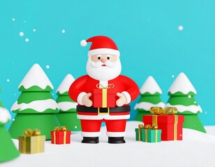 Cartoon Santa with gifts in snowy landscape