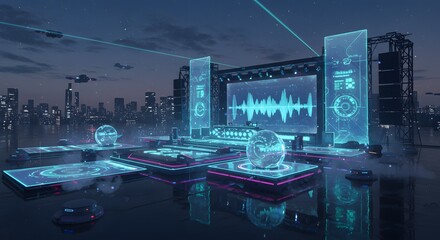 A futuristic outdoor concert stage with glowing blue holographic screens and flying drones over a city skyline at dusk.