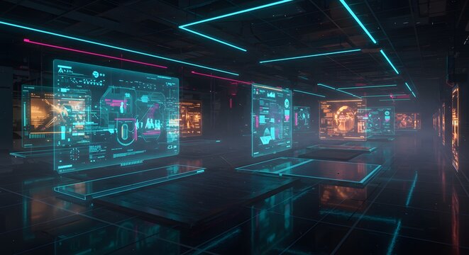 Futuristic holographic displays showcasing complex data and schematics in a dimly lit, high-tech corridor with neon lighting.