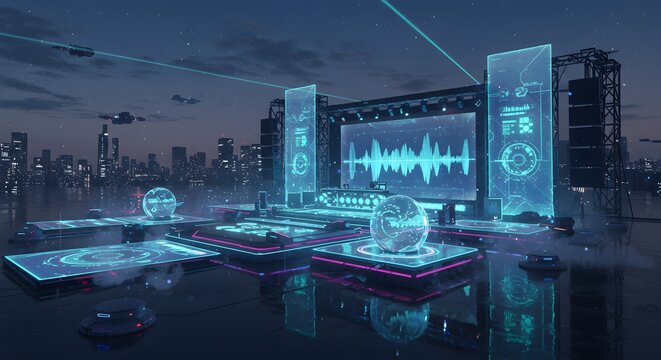 A futuristic outdoor concert stage with glowing blue holographic screens and flying drones over a city skyline at dusk.