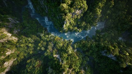 Lush forest canopy over misty river. AI image