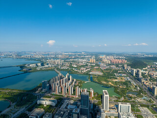 An expansive aerial panoramic view reveals Tangxun Lake in Jiangxia District, Wuhan, China,...