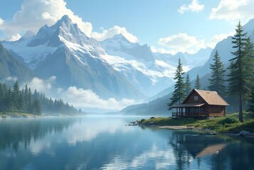 Fototapeta premium Lakeside Scenic Getaway Retreat: A peaceful getaway by the lake with calm waters, mountain reflections, and a cozy cabin on the shore.