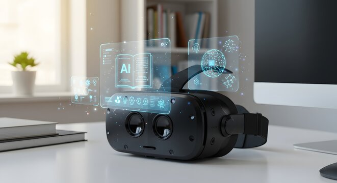 A black virtual reality headset on a desk with a futuristic AI holographic user interface. - Powered by Adobe