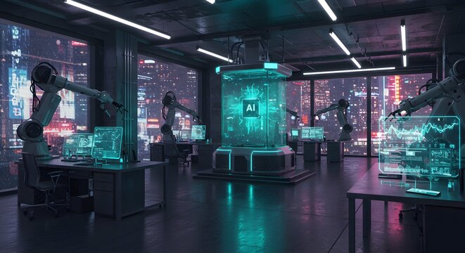 Futuristic AI research lab with robotic arms and glowing holographic interfaces overlooking a cyberpunk city at night.