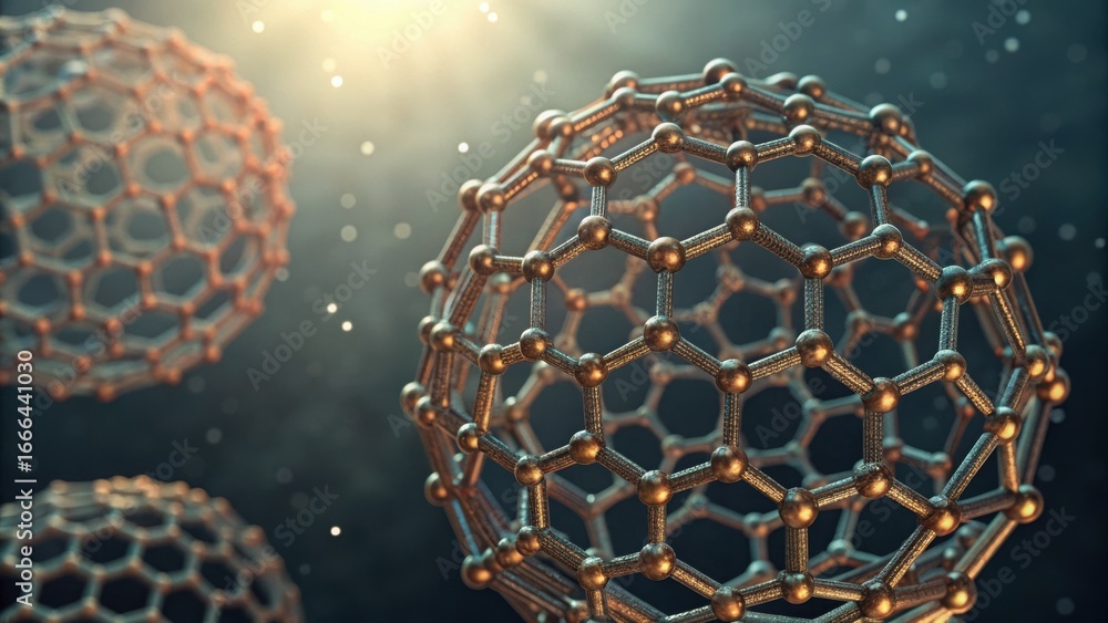 Poster detailed view of 3d structured nanoparticles in an abstract background