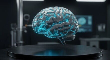 A glowing, futuristic representation of a human brain displayed on a platform in a laboratory setting.