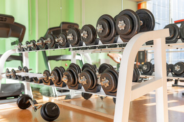 Stand with dumbbells. Sports and fitness room. Weight Training Equipment. Black dumbbell set, many...