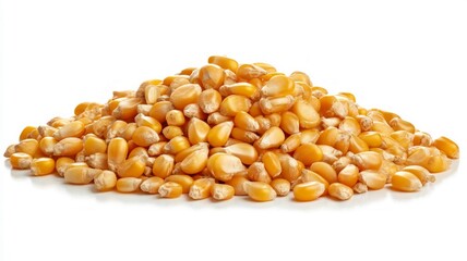 Golden corn kernels on white background. AI image