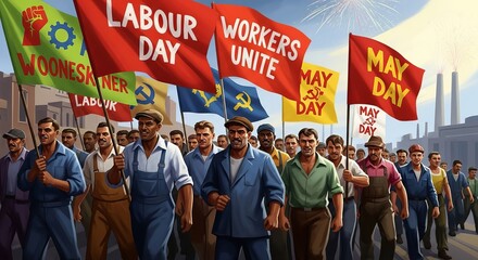 Illustration of a may day parade with workers holding banners and flags in front of a factory scene