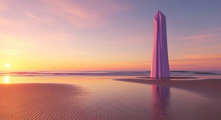 A tall crystal structure stands on a beach reflecting the sunset colors in the wet sand surface