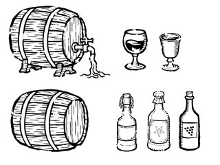 Hand drawn engraving style set of medieval drinkware. Includes wooden barrels, wine bottles, potion bottles, and goblets. Vintage gothic illustration pack, perfect for brewery logos, tavern design