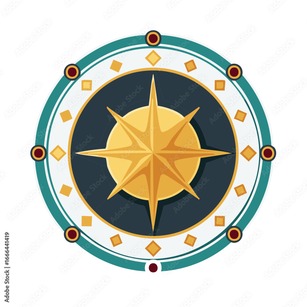 Poster golden star compass rose graphic with circular frame design for navigation and direction