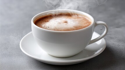 Fototapeta premium Closeup of a frothy cappuccino in a white ceramic cup with subtle steam on a neutral background, soft lighting highlighting creamy textures and inviting aroma with space for text