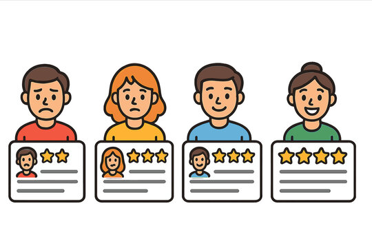 Customer review with star ratings. User feedback and satisfaction level concept. Service quality survey with happy and sad faces. Vector cartoon people testimonials.