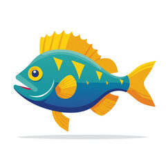 Stylized Fish Illustration with Triangles, Scales and Fins; Cartoon Aquatic Animal in Blue and Yellow
