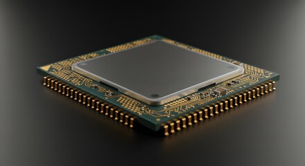 Close-up view of a modern computer processor chip on a circuit board, highlighting its intricate design and components.