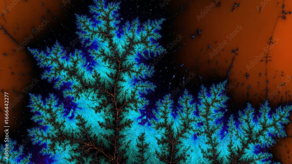 Aufkleber abstract fractal tree design with orange and green foliage on a dark blue background for science and