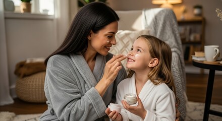 A smiling mother applying cream to her daughter's face in a softly lit, cozy bedroom setting at home