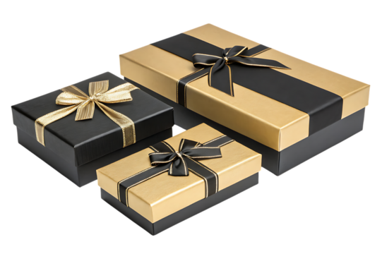 Three elegant gift boxes with ribbons on black background