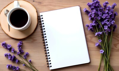 A cozy flat lay scene with a blank spiral notebook, a cup of black coffee on a wood slice, and fresh lavender flowers on a wooden table background.