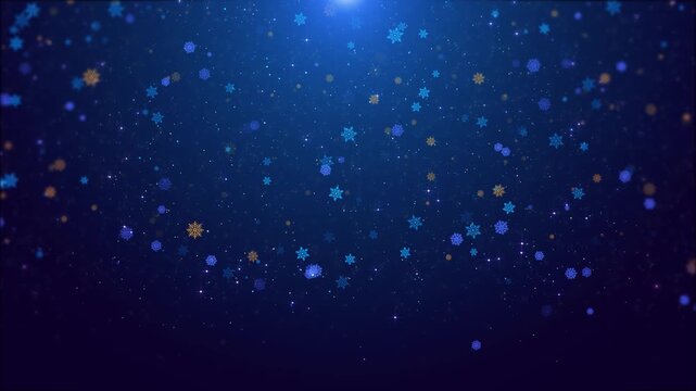 Magical snowfall blue golden snowflakes drifting over starry night sky. for holiday videos, festive greetings, seasonal promos, winter celebration visuals, new year animations, atmospheric snowy clips - Powered by Adobe