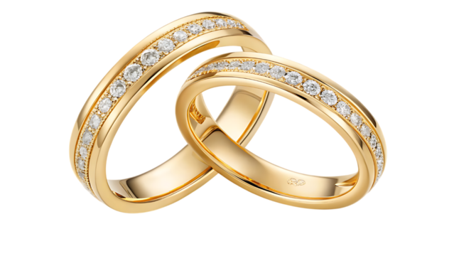 Two golden wedding rings with diamonds intertwined