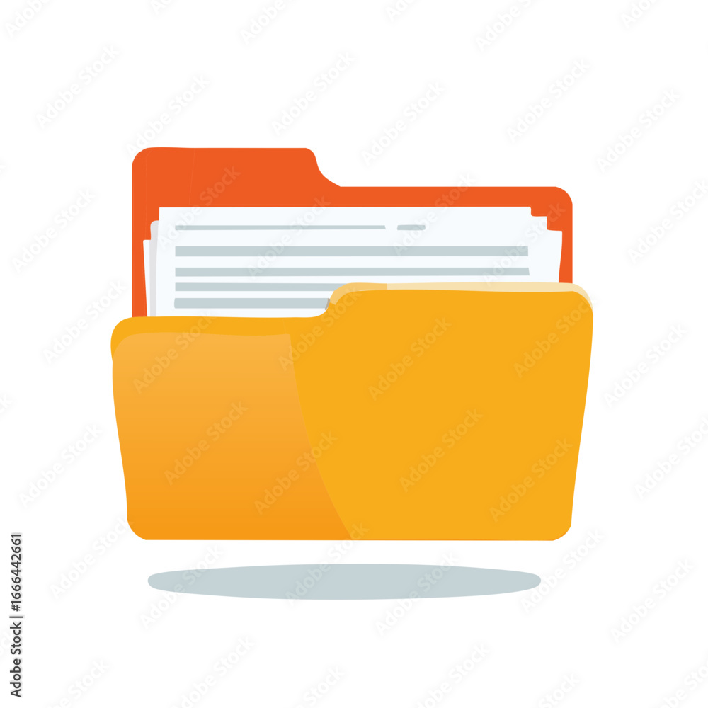 Poster orange file folder filled with documents, data records and information