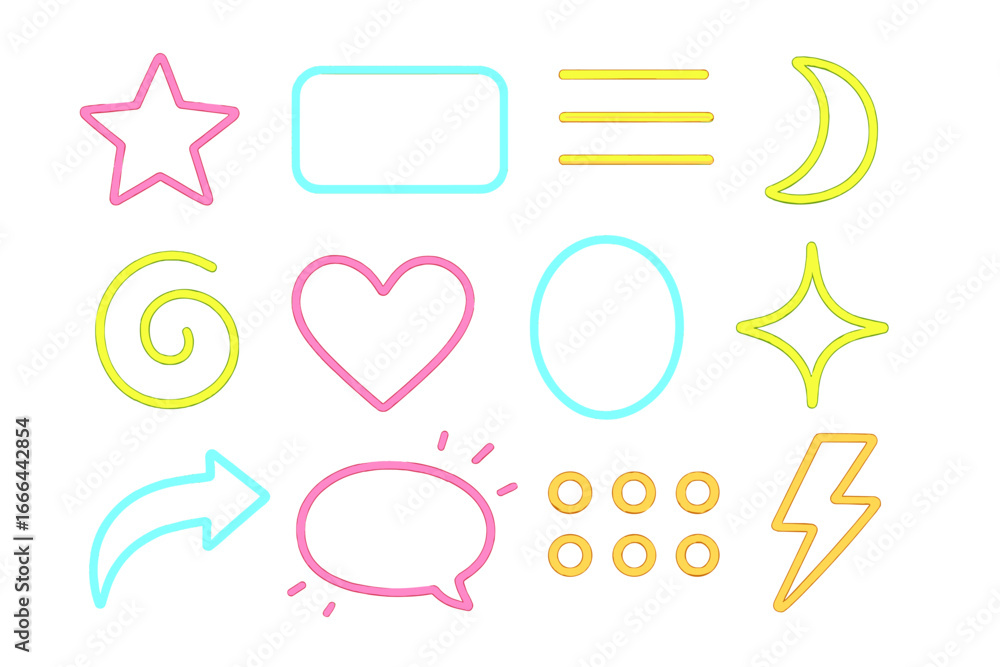 Poster set of colorful neon light design elements. glowing shapes and icons collection for vibrant graphics