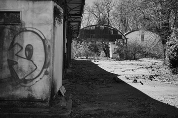 Abandoned slaughterhouse complex in Monza captured in black and white