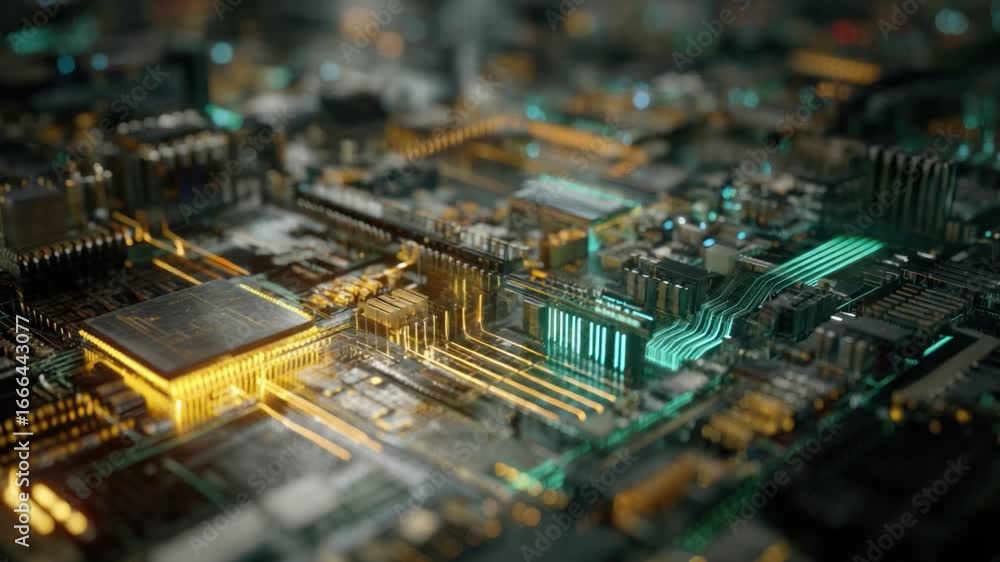 Poster technological tapestry: a captivating close-up of a high-tech circuit board, its intricate network o