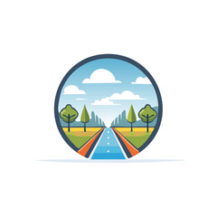 Scenic Road Landscape with Trees and Clouds View in a Circle Frame Artistic Representation