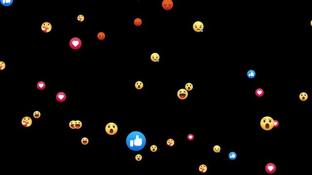 Social Media Live Style Emoji With Black Background Chroma Key 4k Loop Video. Live Streaming Style Particales Icon. Emojis Of Heart Likes Heart Eyes Flying Moveing Animation Up Direction Alpha Chenel.