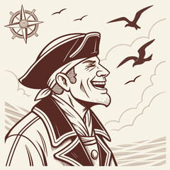 Vector art of a smiling pirate captain gazes at the horizon as seagulls fly overhead and a compass points the way on a vintage background