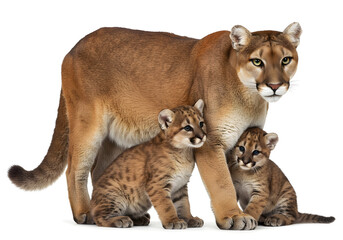 Obraz premium Captivating wildlife portrait showcasing a majestic feline with its adorable cubs, highlighting their familial bond and natural beauty on a white backdrop.